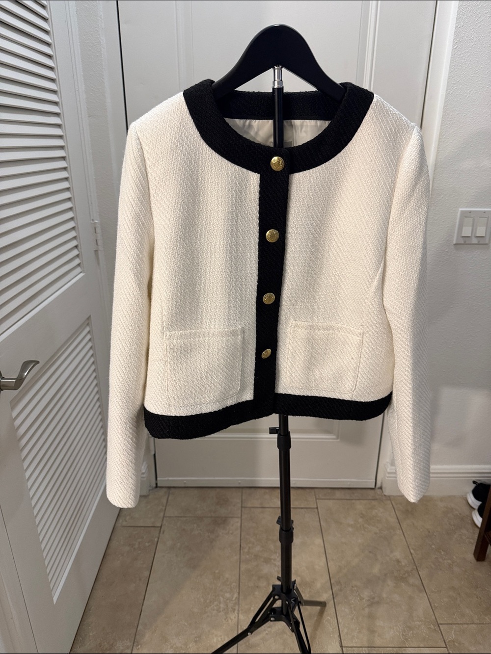 J. Crew Cream Jacket with Black Trim and Gold Buttons